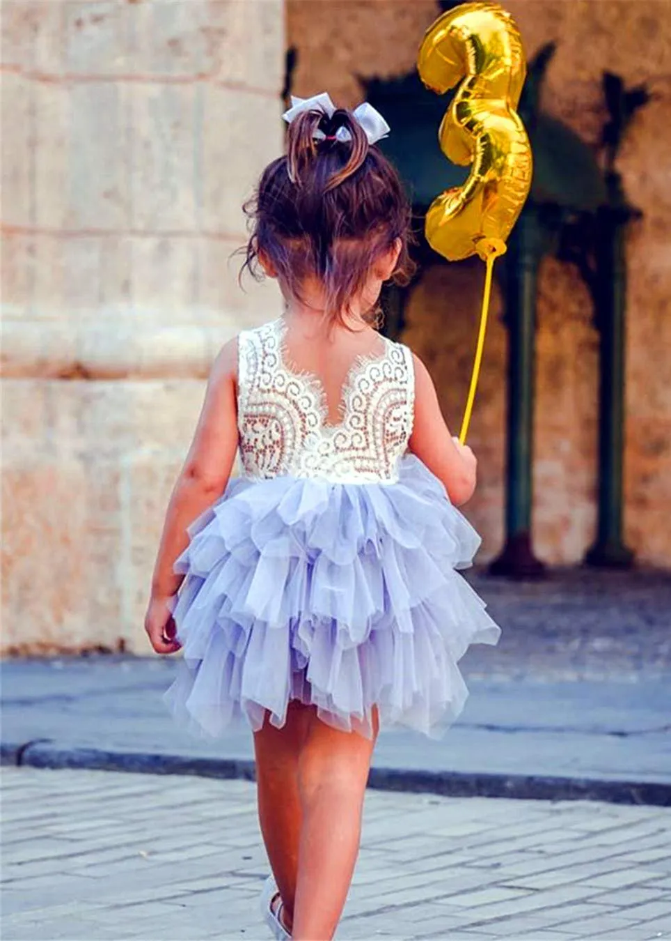 Peony Lace Flower Girl Dress in Bluish Gray (tiered)