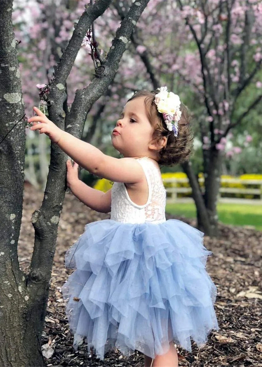 Peony Lace Flower Girl Dress in Bluish Gray (tiered)