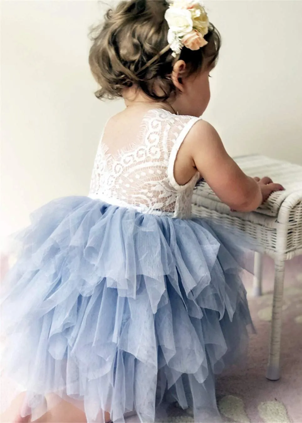 Peony Lace Flower Girl Dress in Bluish Gray (tiered)