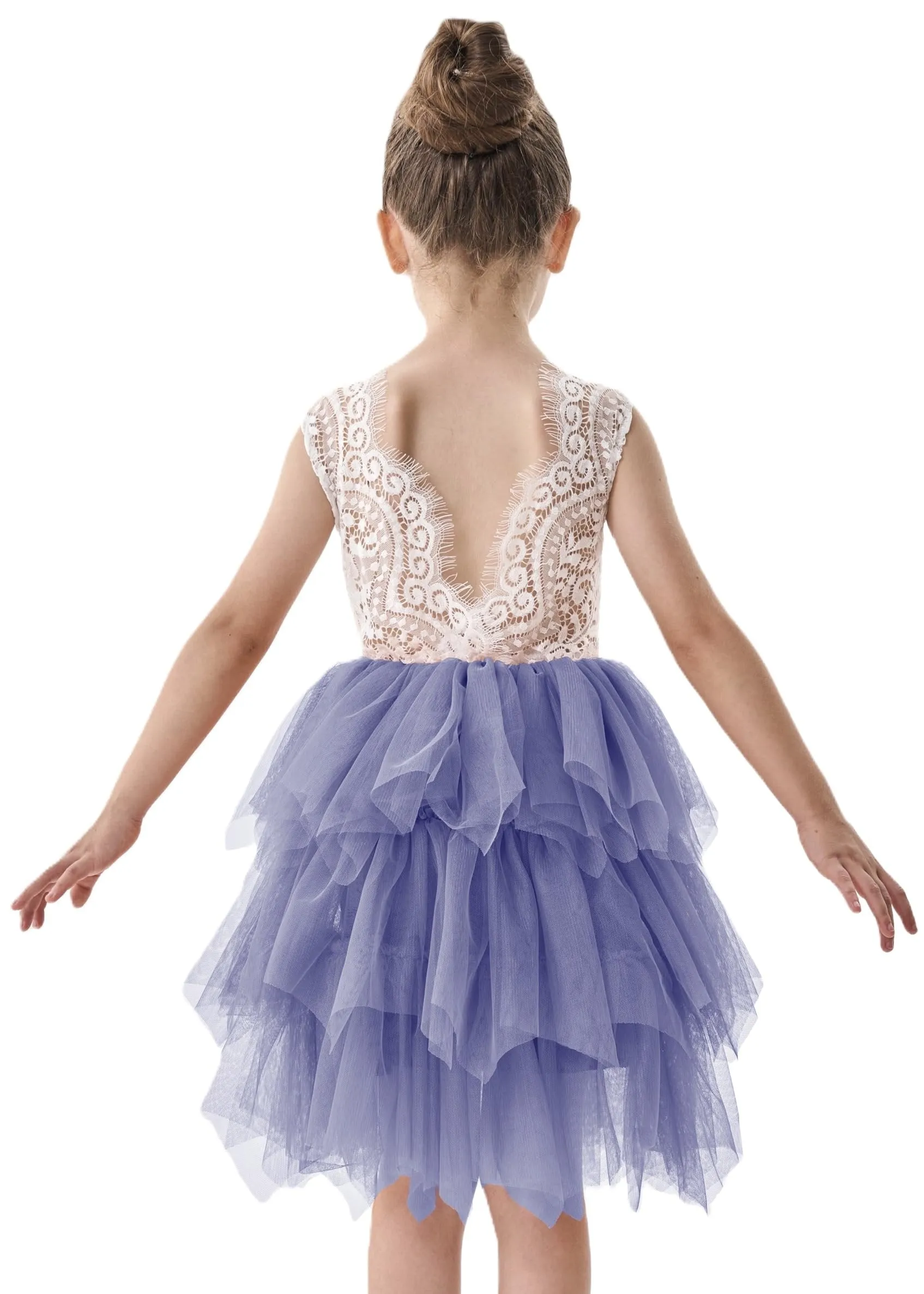 Peony Lace Flower Girl Dress in Bluish Gray (tiered)