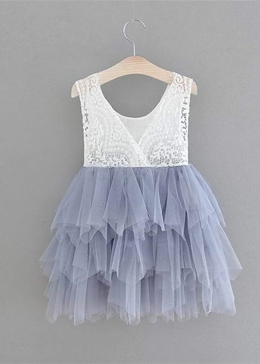 Peony Lace Flower Girl Dress in Bluish Gray (tiered)
