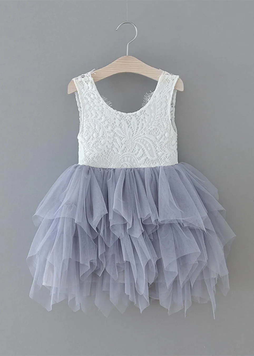 Peony Lace Flower Girl Dress in Bluish Gray (tiered)
