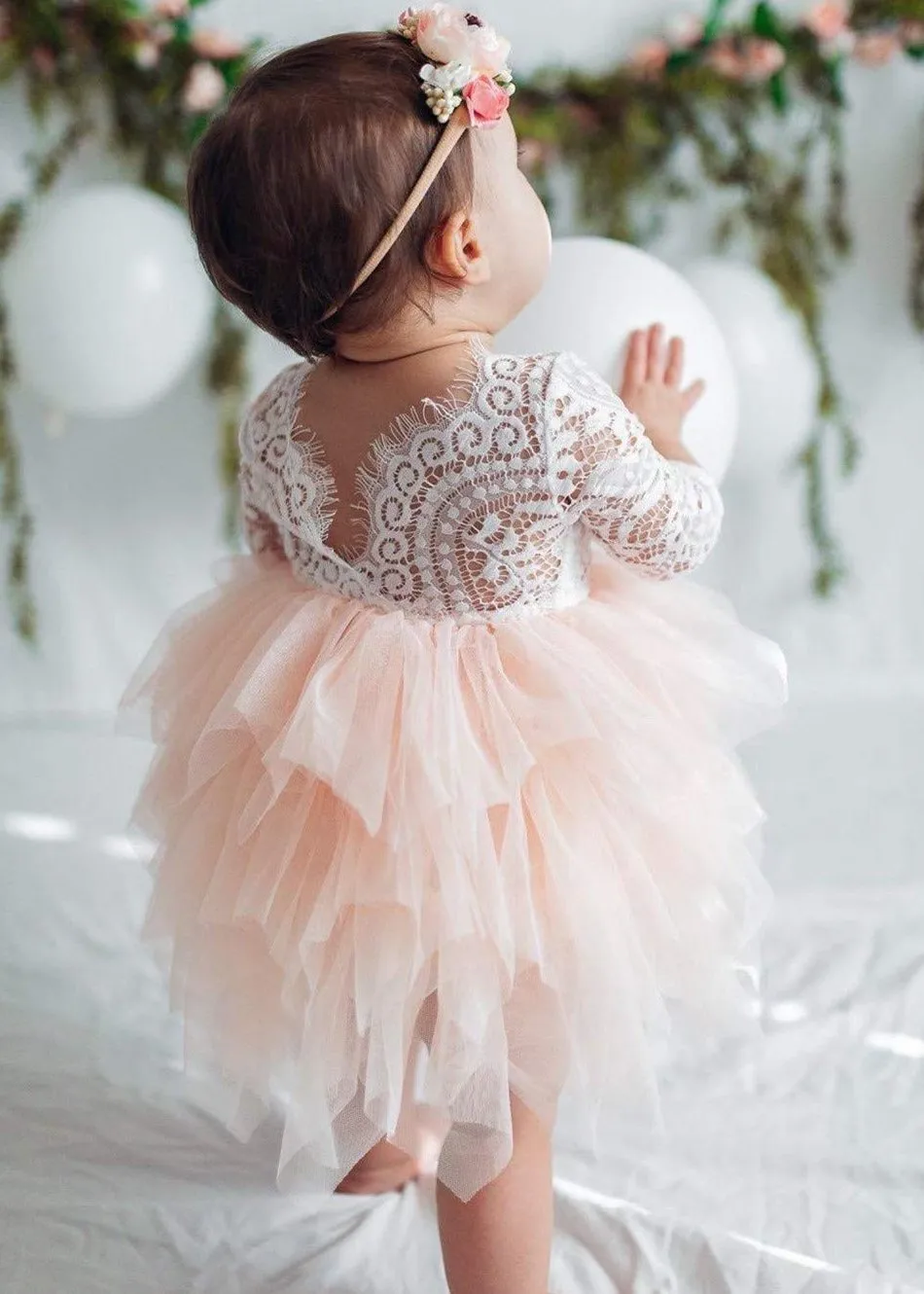 Peony Lace Flower Girl Dress in Blush Pink (tiered)