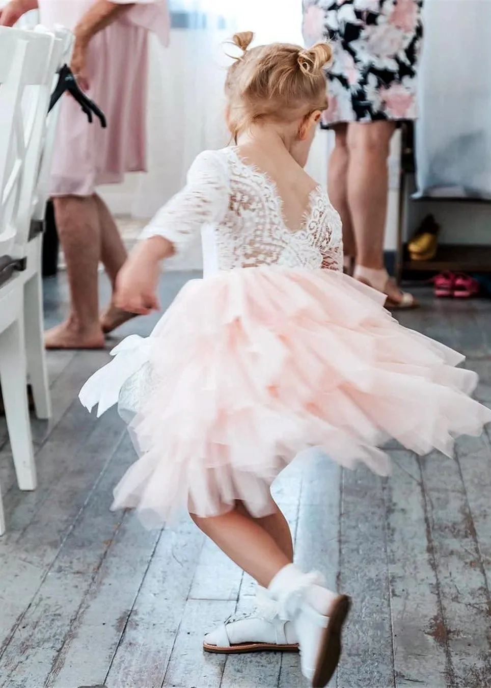 Peony Lace Flower Girl Dress in Blush Pink (tiered)
