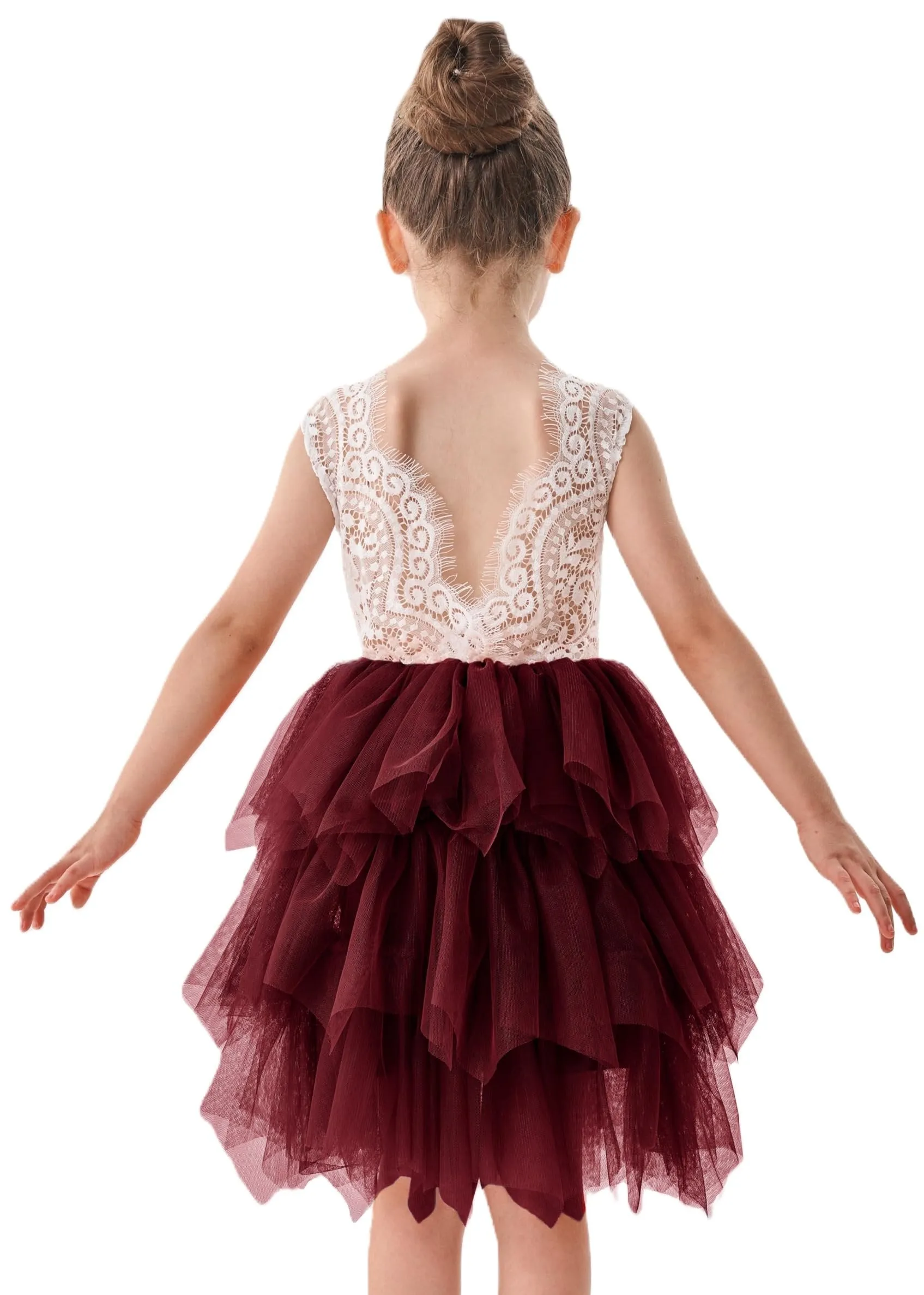 Peony Lace Flower Girl Dress in Burgundy (tiered)