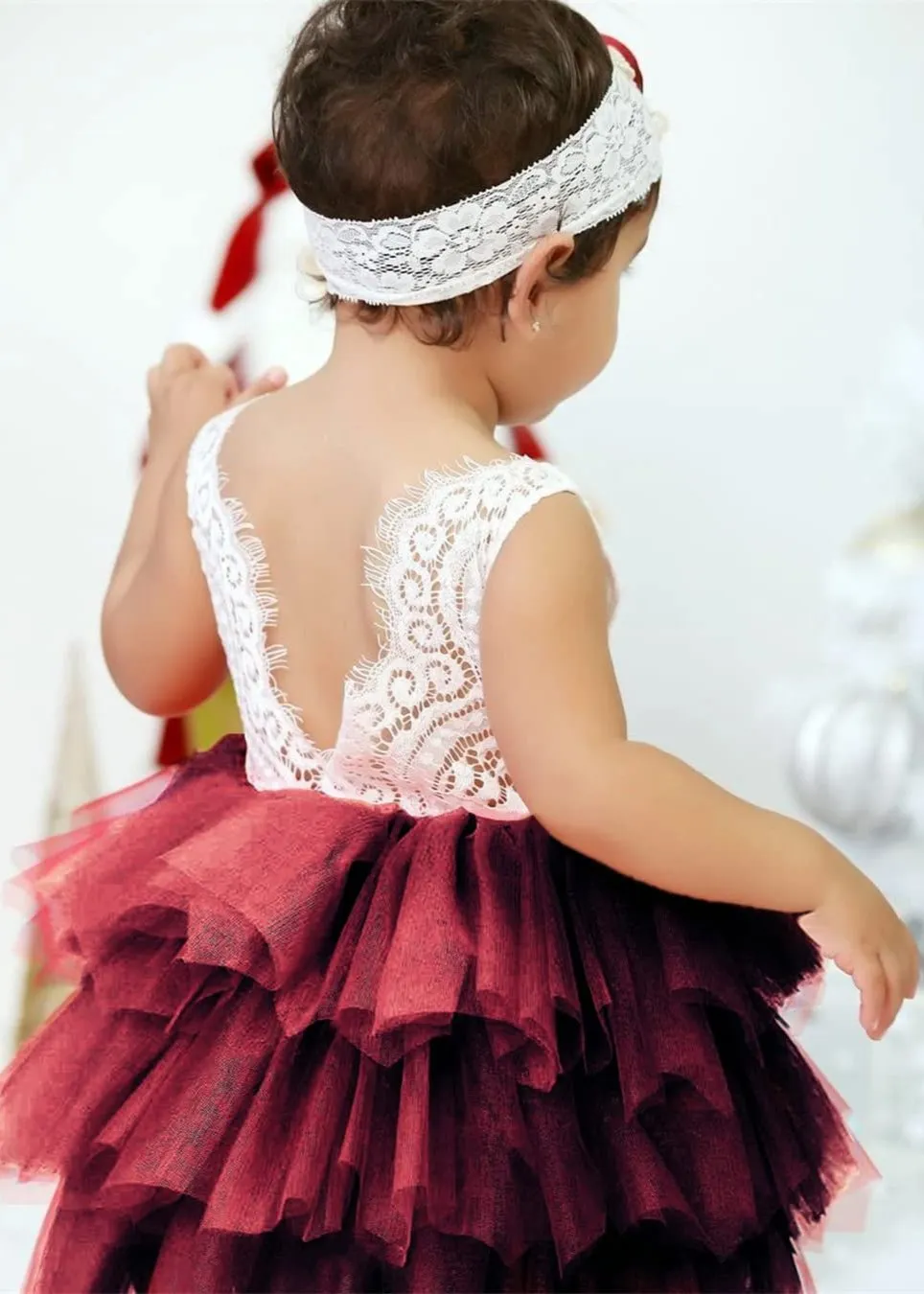 Peony Lace Flower Girl Dress in Burgundy (tiered)