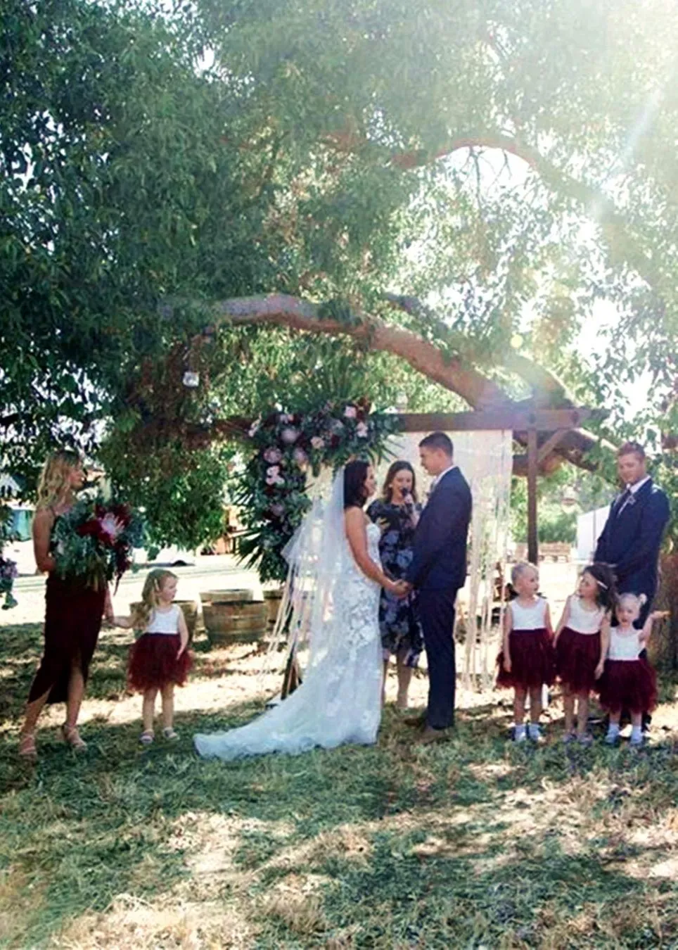 Peony Lace Flower Girl Dress in Burgundy (tiered)