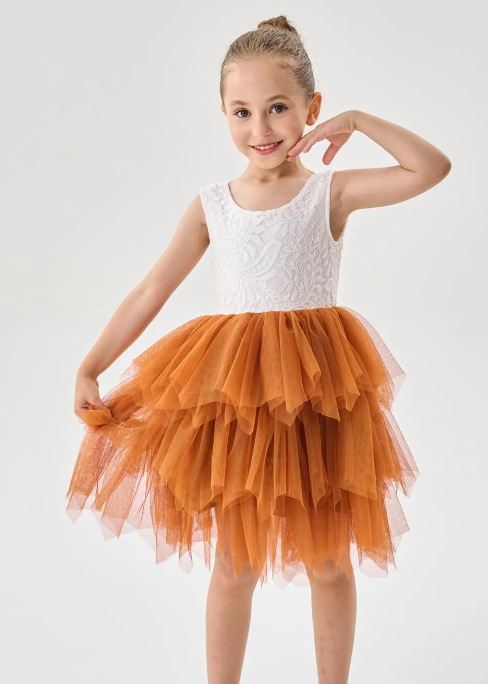 Peony Lace Flower Girl Dress in Burnt Orange (tiered)