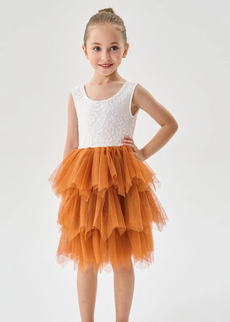 Peony Lace Flower Girl Dress in Burnt Orange (tiered)