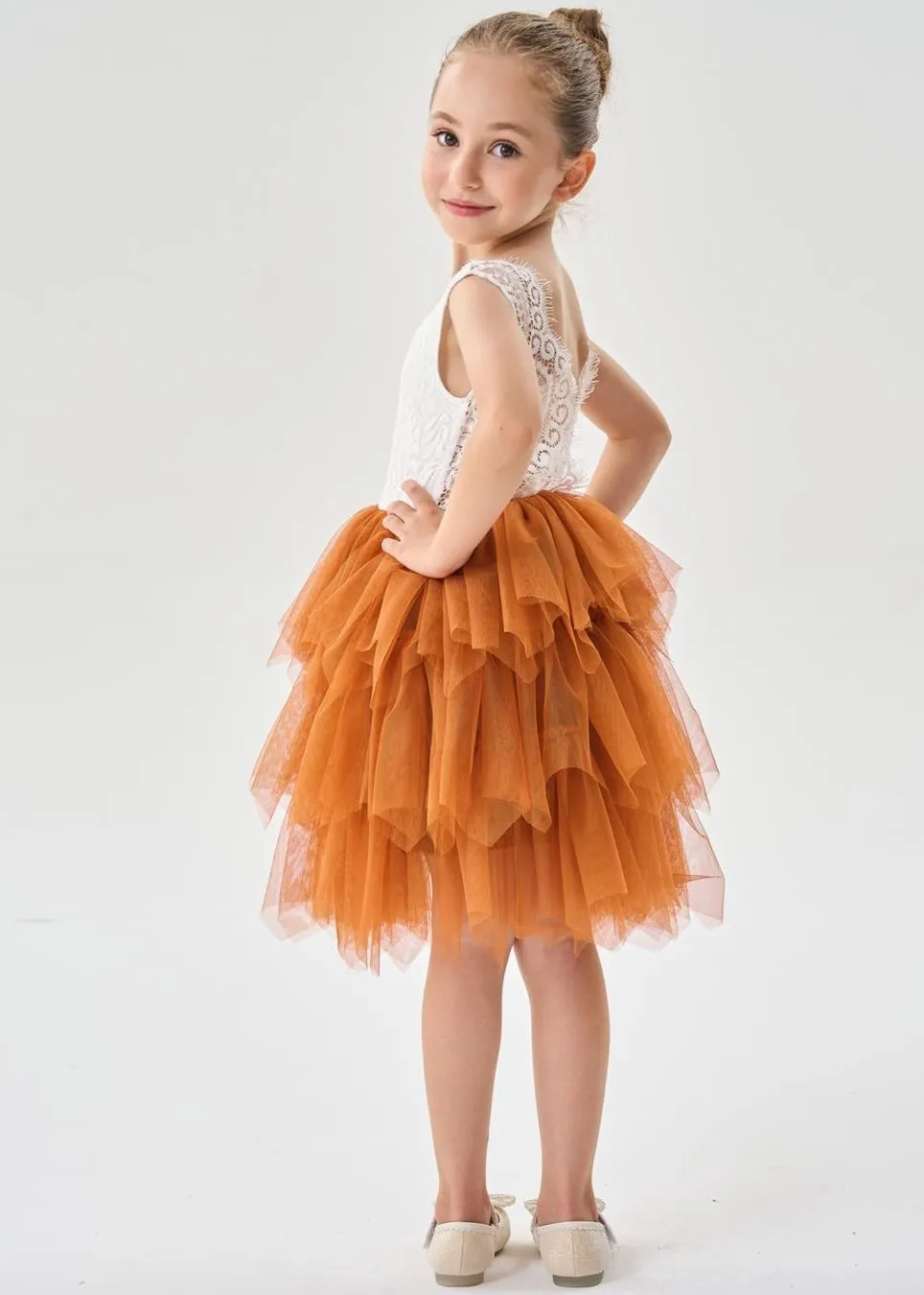 Peony Lace Flower Girl Dress in Burnt Orange (tiered)