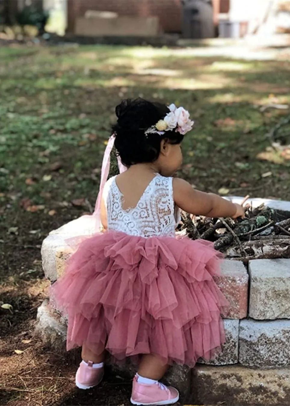 Peony Lace Flower Girl Dress in Dusty Pink (tiered)
