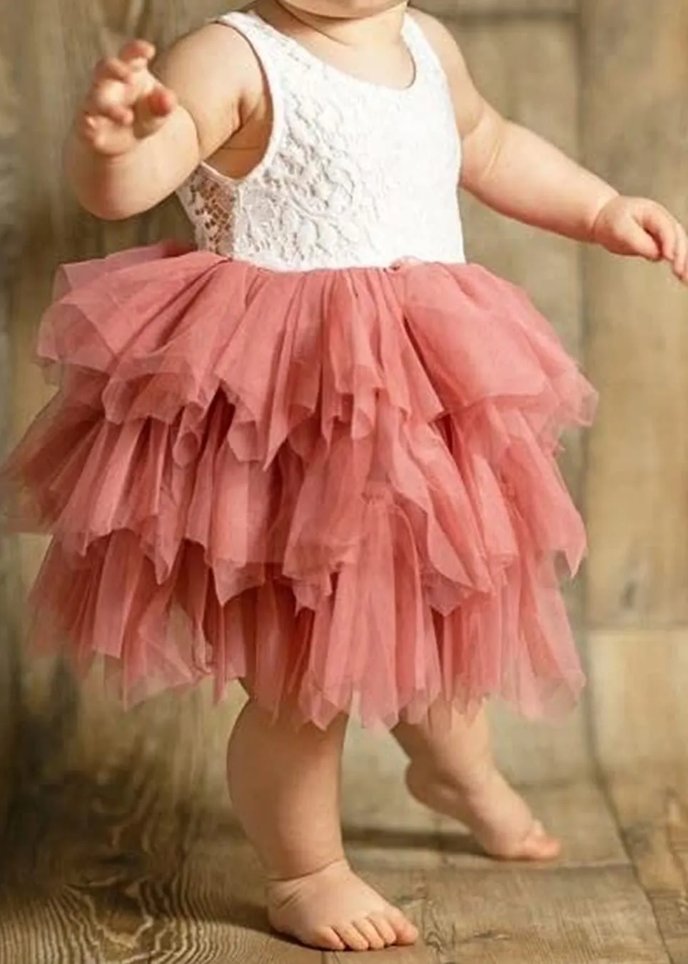Peony Lace Flower Girl Dress in Dusty Pink (tiered)