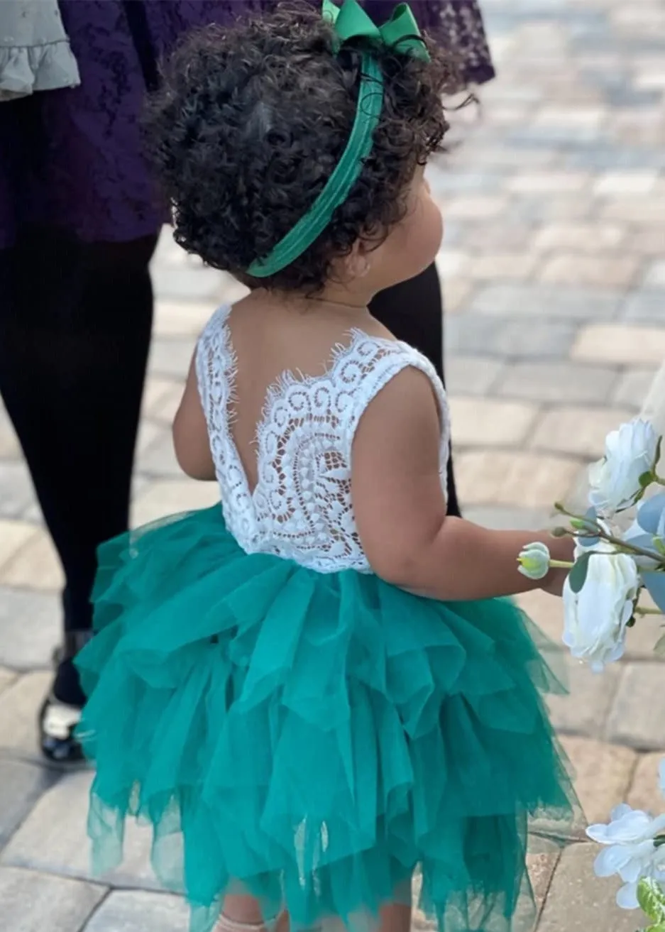 Peony Lace Flower Girl Dress in Green (tiered)