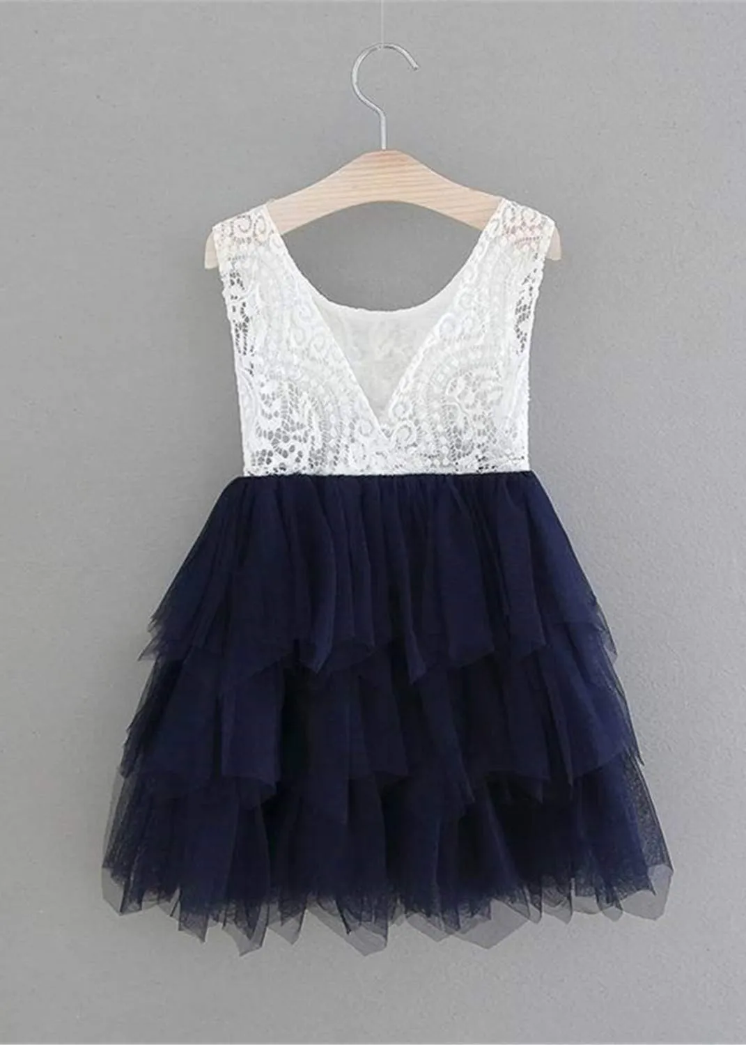 Peony Lace Flower Girl Dress in Navy Blue (tiered)