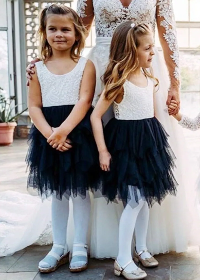 Peony Lace Flower Girl Dress in Navy Blue (tiered)