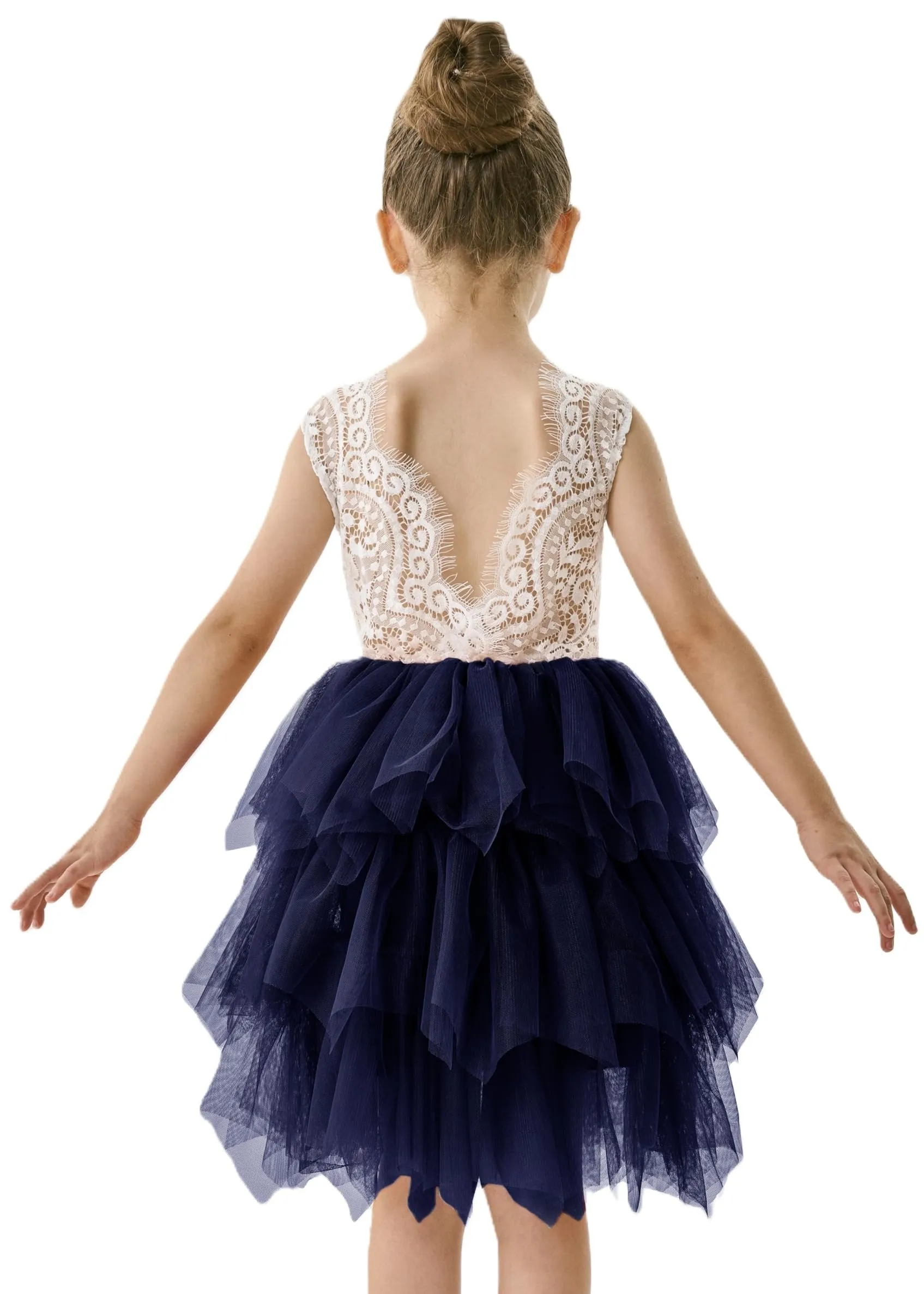 Peony Lace Flower Girl Dress in Navy Blue (tiered)