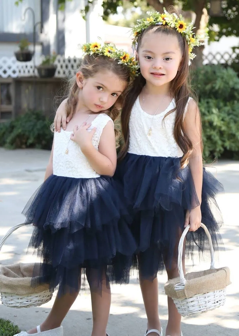 Peony Lace Flower Girl Dress in Navy Blue (tiered)