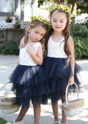 Peony Lace Flower Girl Dress in Navy Blue (tiered)
