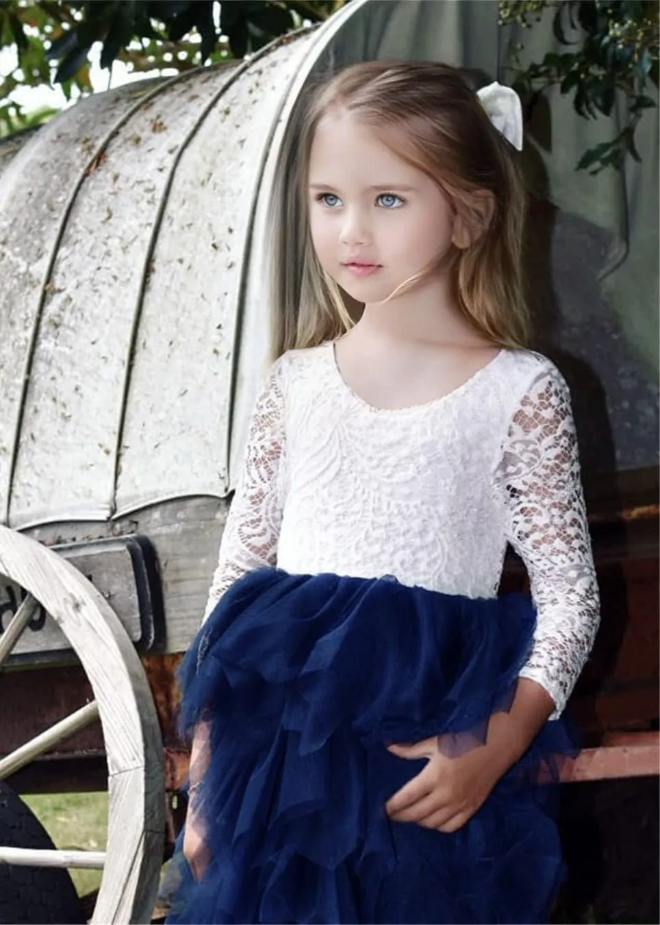 Peony Lace Flower Girl Dress in Navy (tiered)