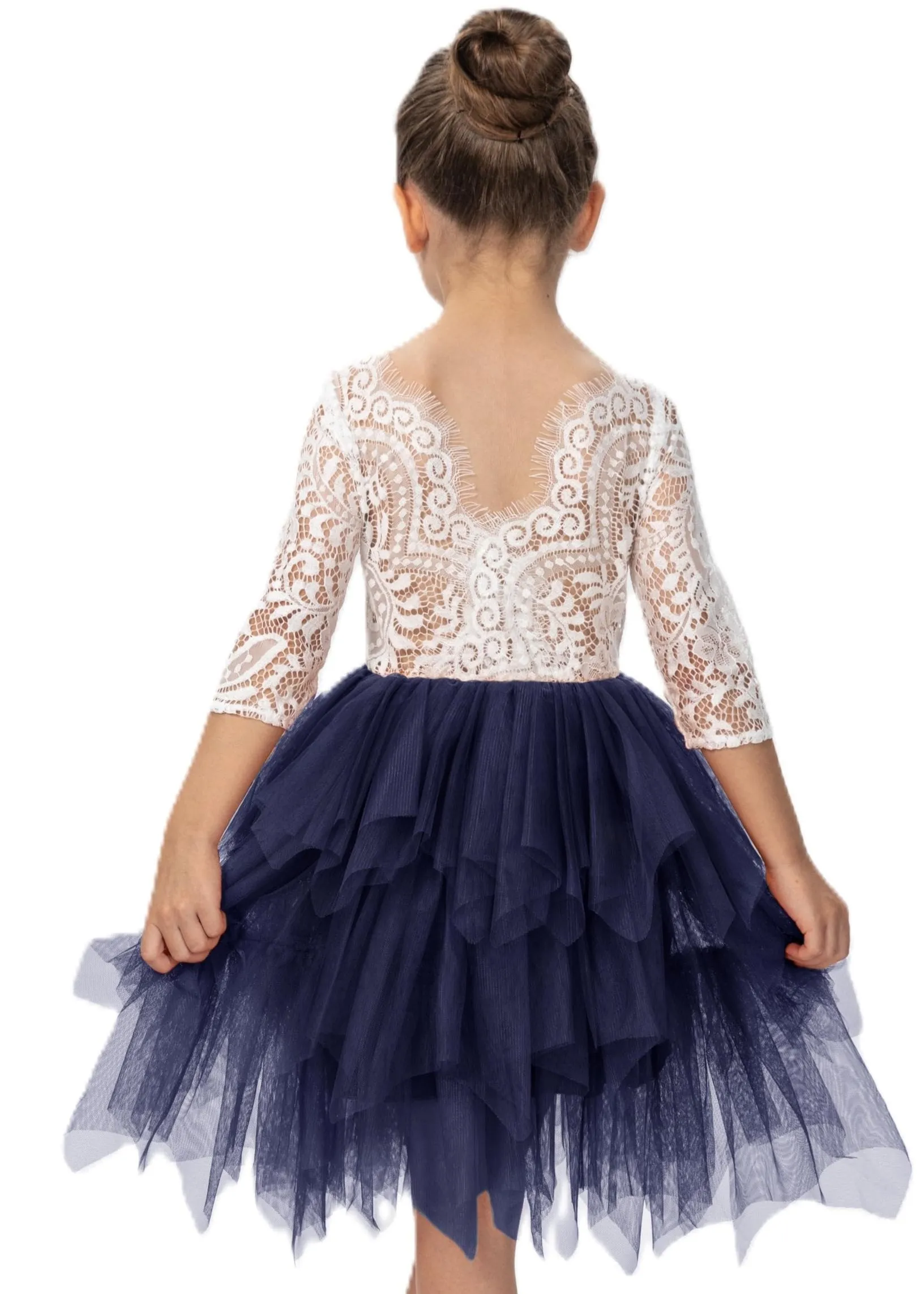 Peony Lace Flower Girl Dress in Navy (tiered)