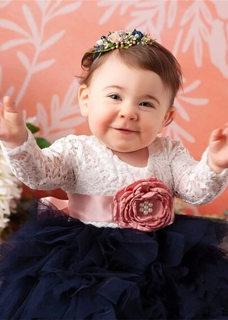 Peony Lace Flower Girl Dress in Navy (tiered)