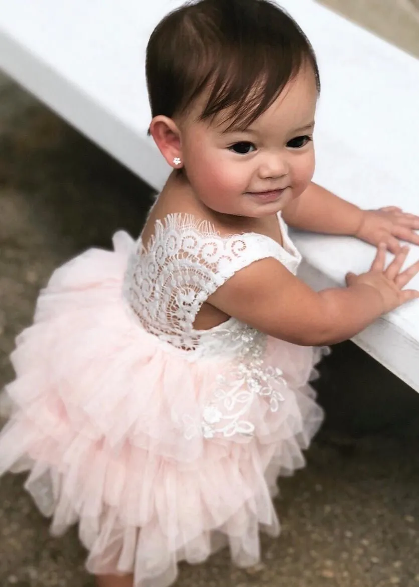 Peony Lace Flower Girl Dress in Pink (tiered)