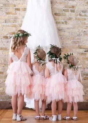 Peony Lace Flower Girl Dress in Pink (tiered)