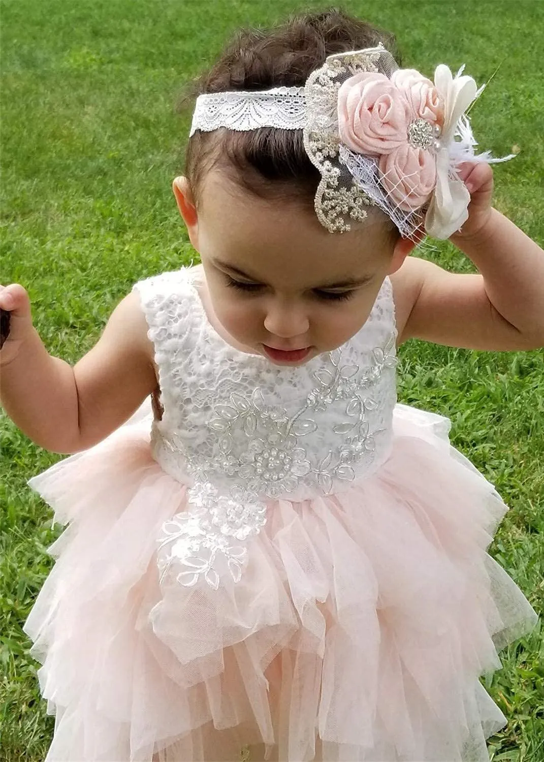 Peony Lace Flower Girl Dress in Pink (tiered)