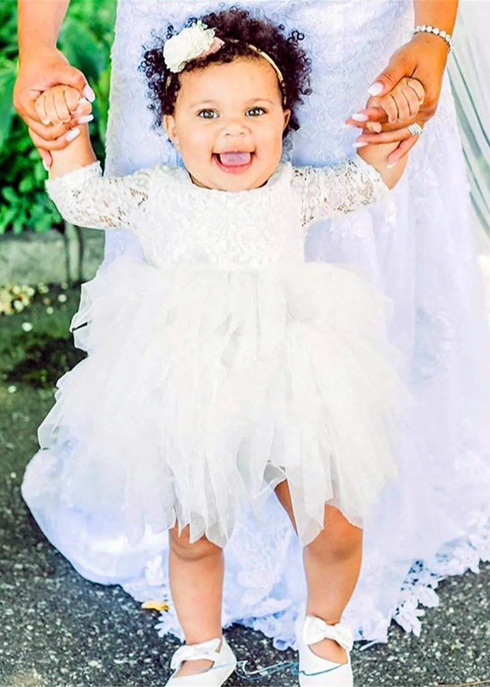 Peony Lace Flower Girl Dress in White (tiered)