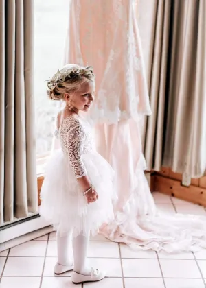 Peony Lace Flower Girl Dress in White (tiered)