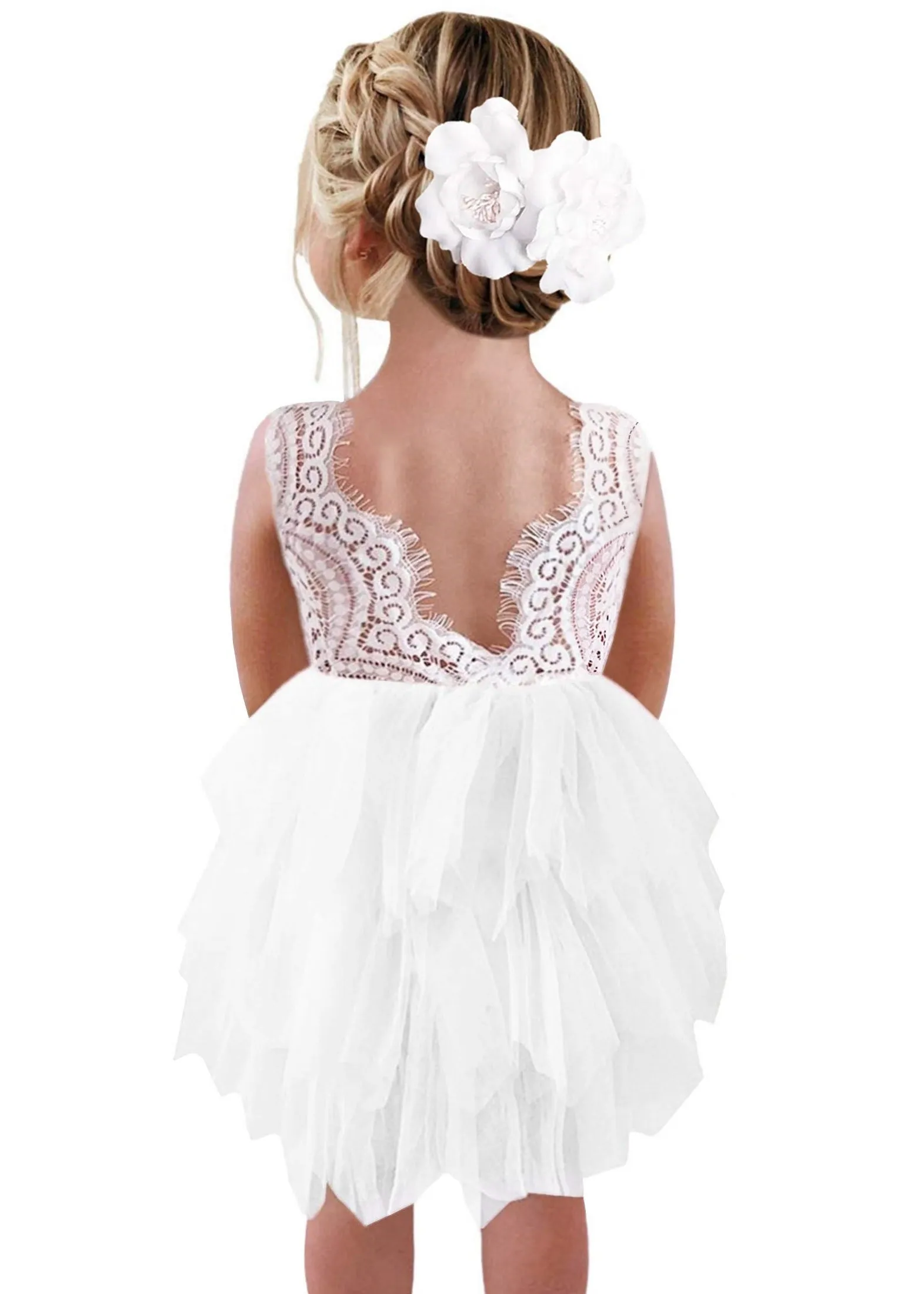 Peony Lace Flower Girl Dress in White (tiered)