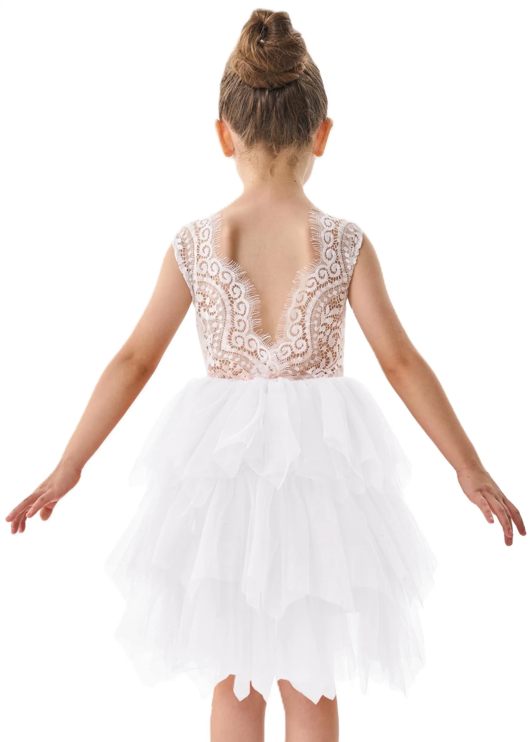 Peony Lace Flower Girl Dress in White (tiered)