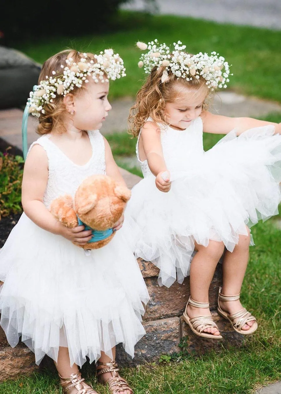 Peony Lace Flower Girl Dress in White (tiered)