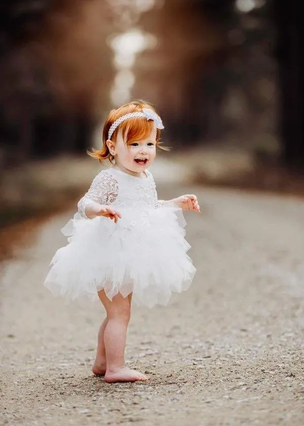 Peony Lace Flower Girl Dress in White (tiered)
