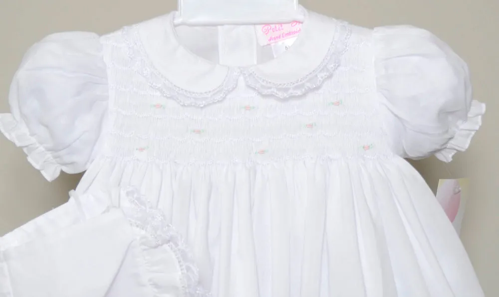 Petit Ami Girls White Smocked Bodice with Lace 3 piece Dress Newborn Preemie