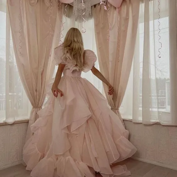 Pink A-Line Organza Long Prom Dress Engagement Dress with Puff Sleeves   fg5426