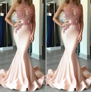 pink evening dresses long mermaid lace appliqué beaded halter sexy formal dress evening gown 2020