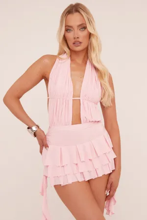 Pink Plunge Neck Frill Detail Mini Dress - Swan
