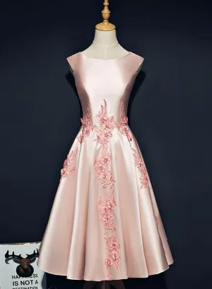 Pink Satin Knee Length Short Homecoming Dress, Pink Prom Dress Graduation Dress
