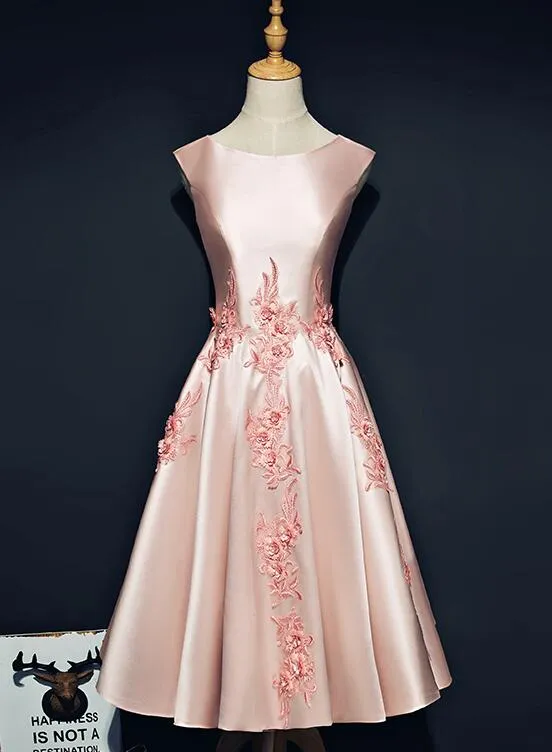 Pink Satin Knee Length Short Homecoming Dress, Pink Prom Dress Graduation Dress