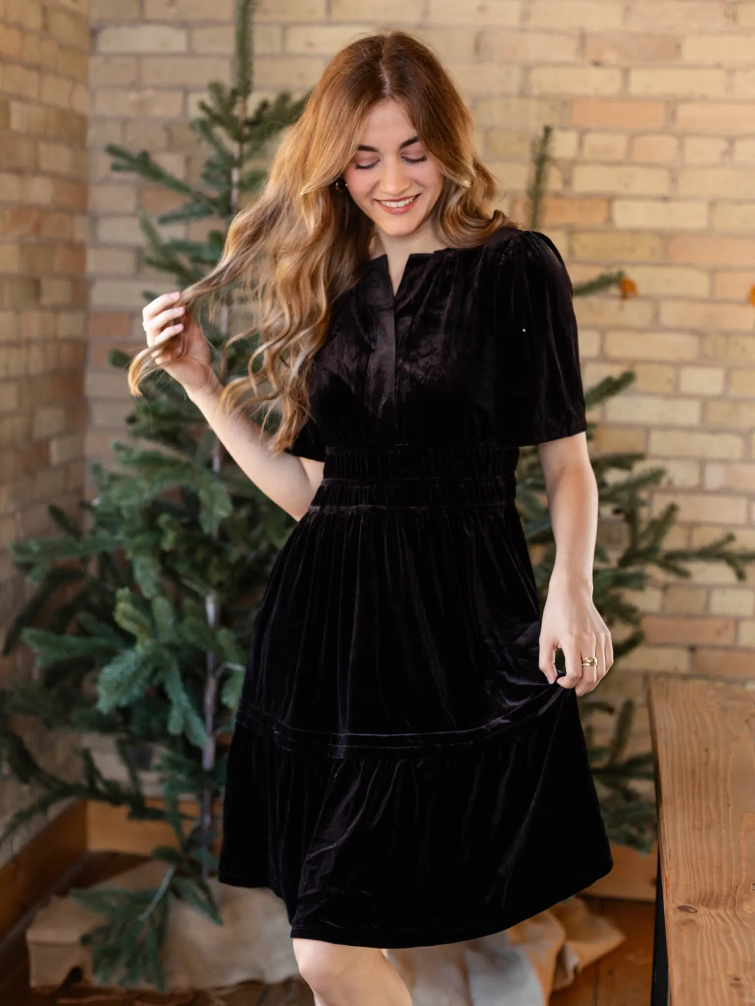 Pintuck Velvet Dress