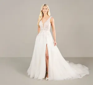 Plunging V Neck With Blush Multi Lace Applique Gown In Ivory Blush Multi
