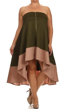 Plus Size Color Block Olive A line Dip Hem Dress
