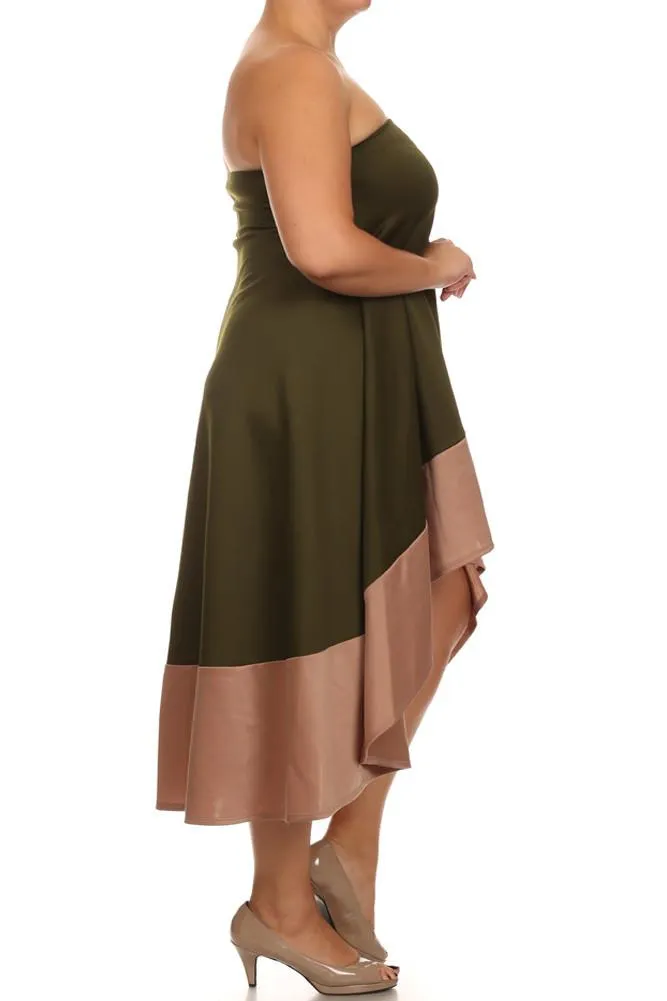 Plus Size Color Block Olive A line Dip Hem Dress