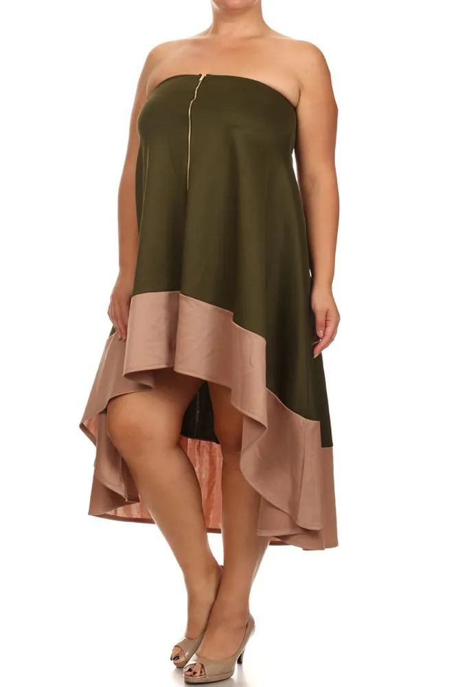 Plus Size Color Block Olive A line Dip Hem Dress