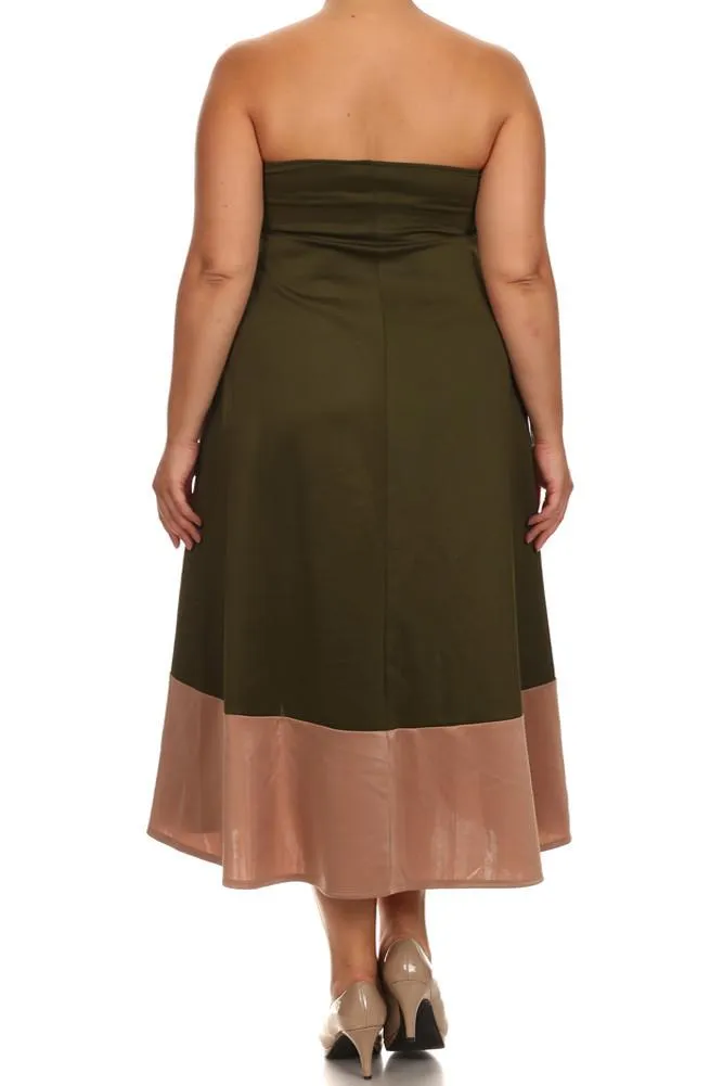 Plus Size Color Block Olive A line Dip Hem Dress