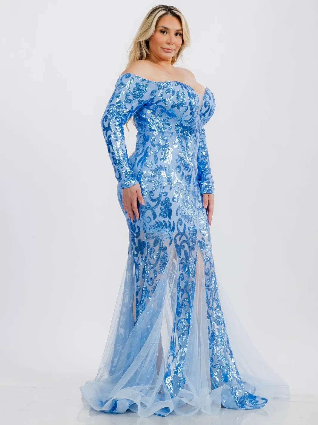 PLUS SIZE LONG SLEEVE V-NECK BODYCON SEQUINS MAXI GOWN DRESS