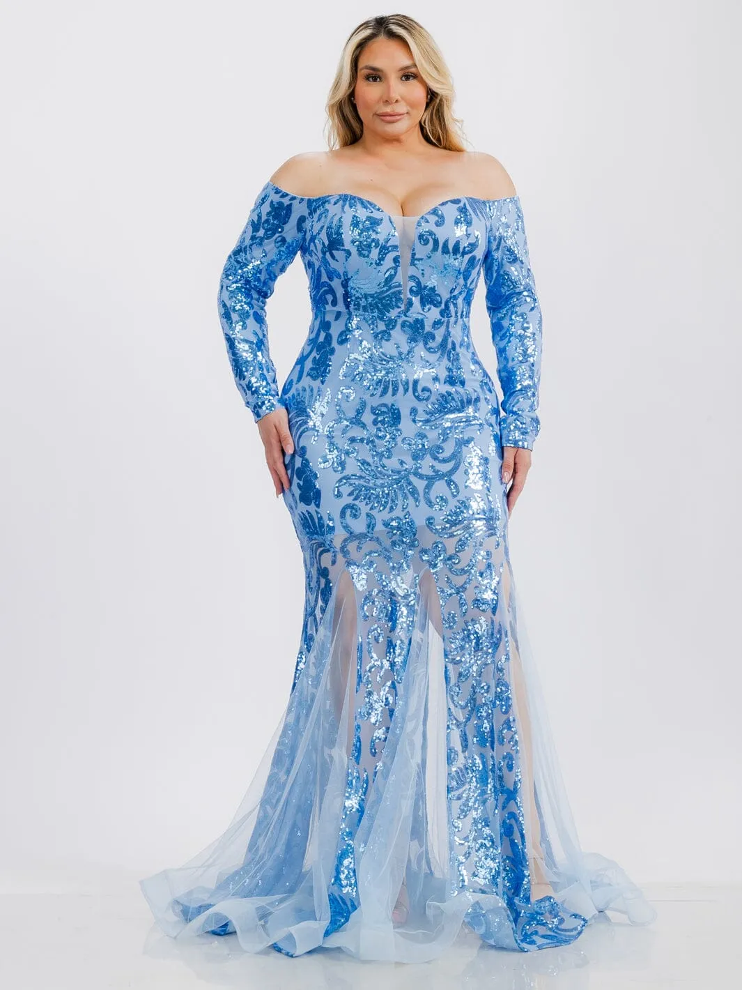 PLUS SIZE LONG SLEEVE V-NECK BODYCON SEQUINS MAXI GOWN DRESS