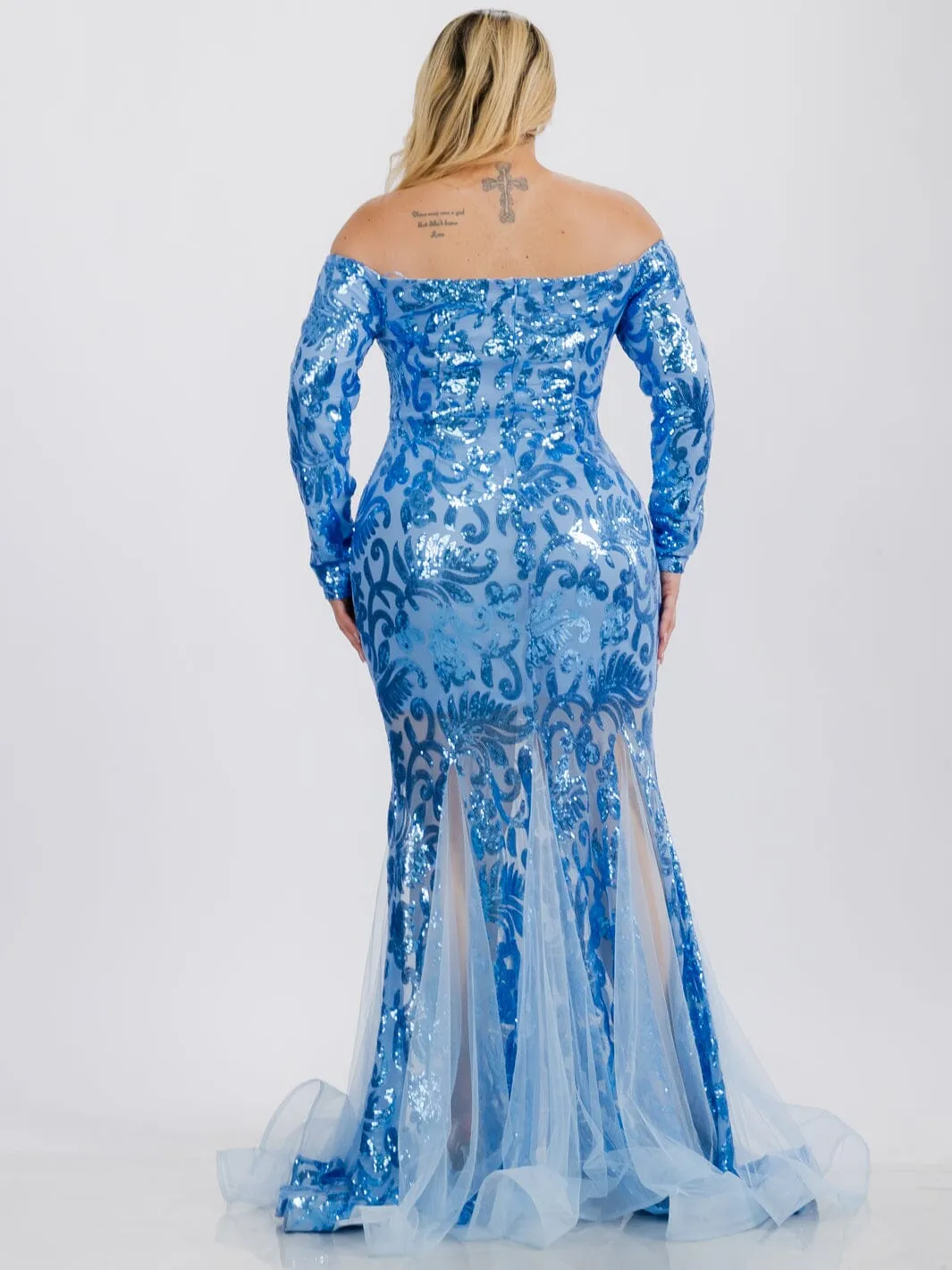 PLUS SIZE LONG SLEEVE V-NECK BODYCON SEQUINS MAXI GOWN DRESS