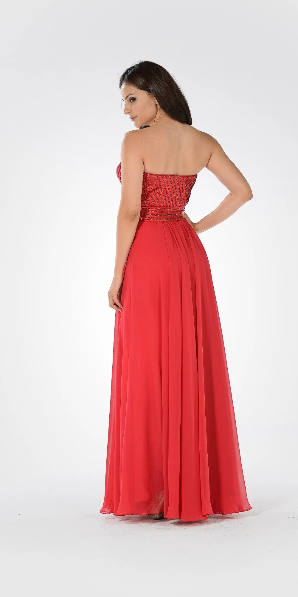 Poly USA 7714 Sweetheart Neck Sequined Bodice Long Dress